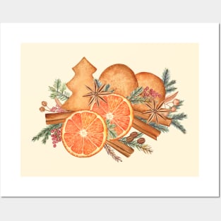 Gingerbread, spruce, oranges and spices composition Posters and Art